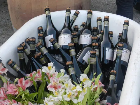 Bottles of Bodegas RE Noir chilling on ice in a white bathtub, decorated with flowers