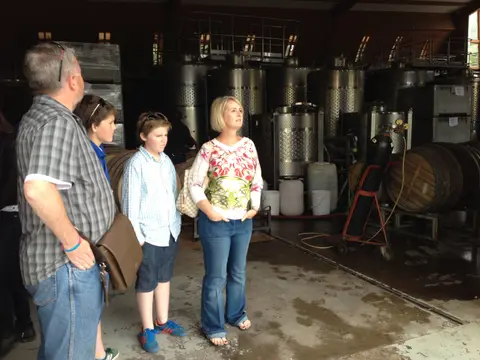 Family group listening to a guide among stainless steel tanks, oak barrels and plastic fermenters