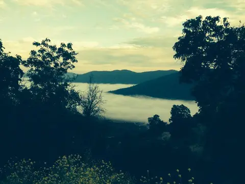 Low morning fog filling a valley between wooded hills at first light