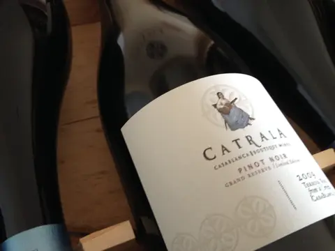 Close-up of a Catrala Pinot Noir Grand Reserve 2009 label from the Casablanca Valley