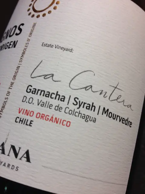 Close-up of an Emiliana La Cantera organic Garnacha, Syrah and Mourvèdre label from the Colchagua Valley