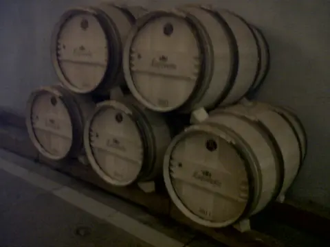 Stack of new French oak barrels branded Lapostolle, dated 2011, in a dim cellar