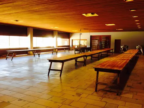 Long wooden trestle tables set for a group lunch in a winery dining hall