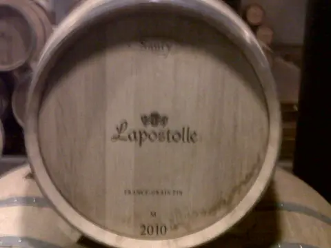 Close-up of a Lapostolle barrel head branded "France — grain fin", medium toast, 2010