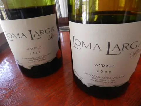 Bottles of Loma Larga unfiltered Malbec 2009 and Syrah 2008 from the Casablanca Valley