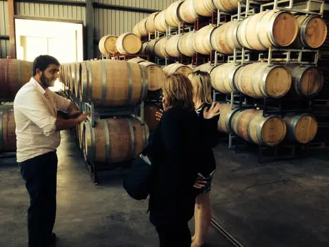 Winemaker explaining barrel ageing to two guests in front of stacked oak barrels