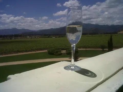 Glass of sparkling wine standing on a white terrace rail above vineyards and mountains