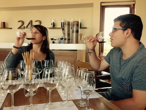 Couple nosing glasses of red wine at a tasting room table set with several glasses