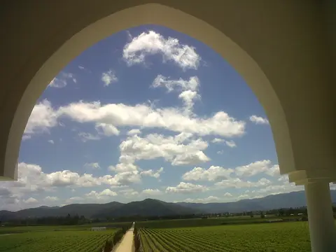 Vineyard and mountains seen through a tall white arch of a winery building under a cloudy blue sky