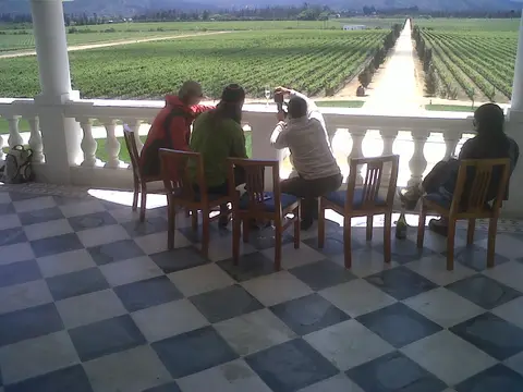 Four guests seated at a balustrade on a chequerboard-tiled winery terrace, looking out over vine rows